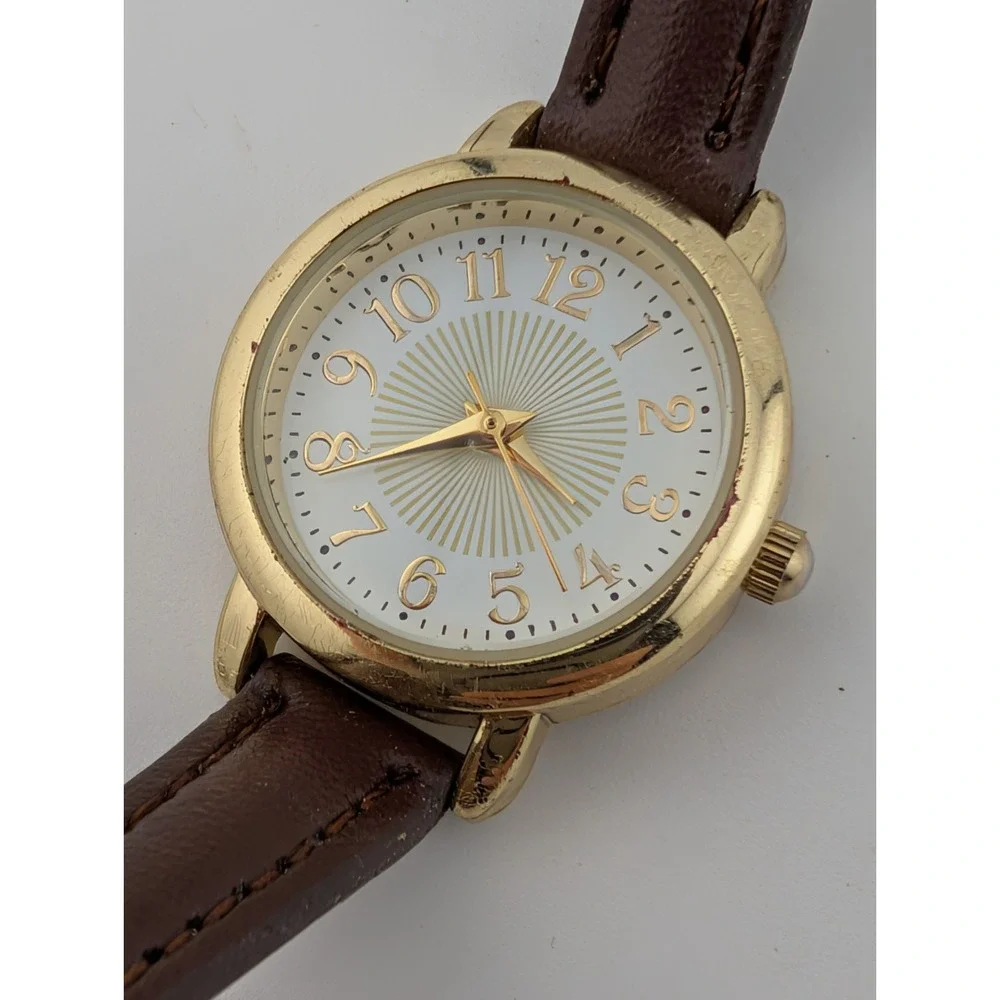 Time & Tru Watch Women 26mm Gold Case Brown Faux Leather Band- New Battery